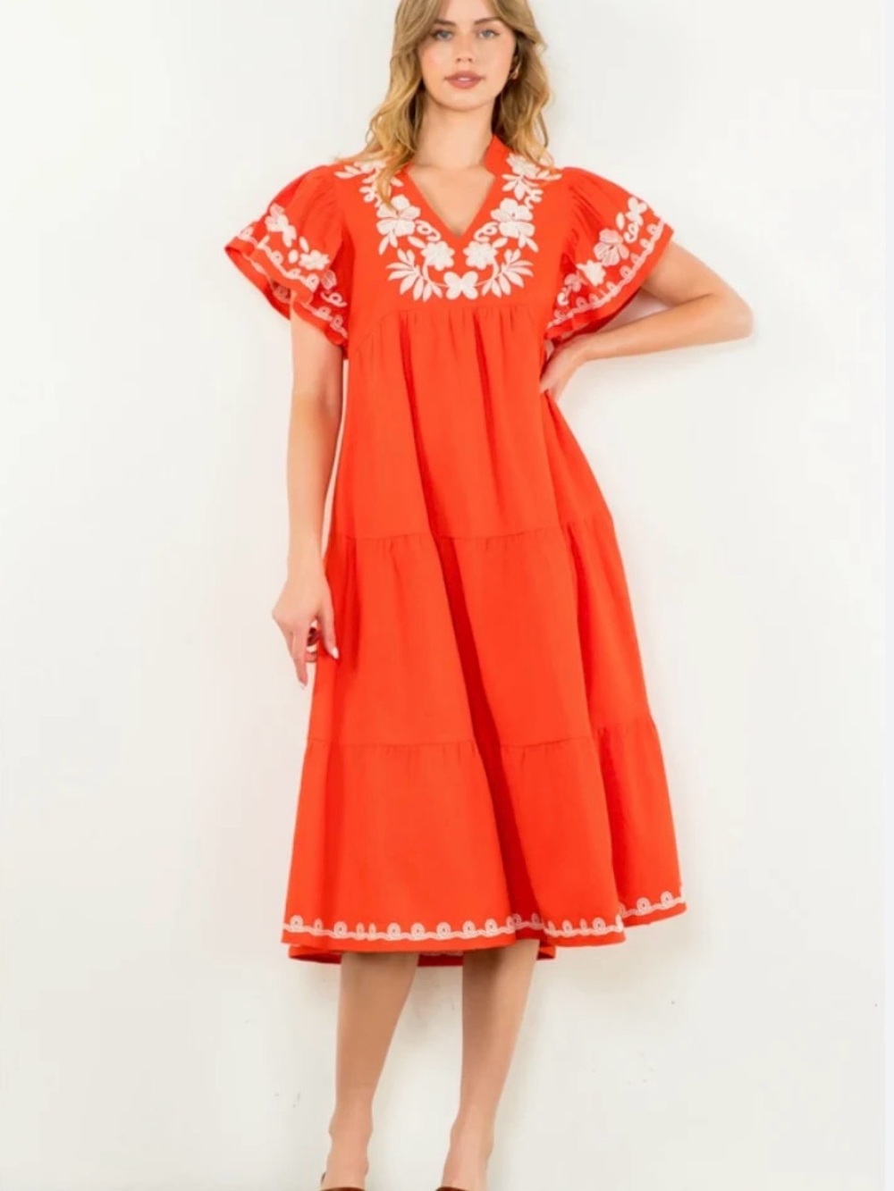 THML Coral-Red Embroidered V‑Neck Midi Dress Medium